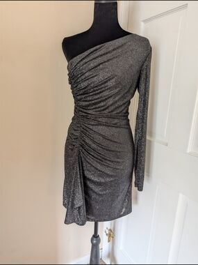 David Meister One Shoulder Metallic Ruched Cocktail Mini Dress - Size 6